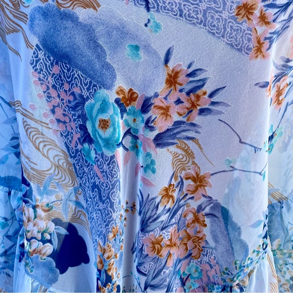 Floral Botanical Chiffon Shawl Wrap Ruffled Edge Sheer Blue/Pink/Copper - Picture 7 of 14